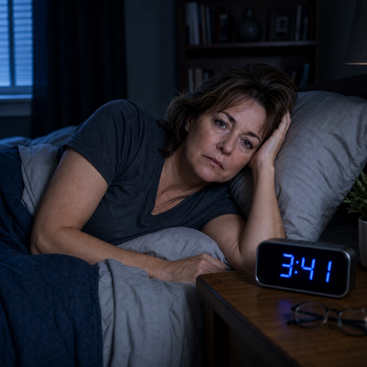 Woman awake in bed beside a digital clock reading 3:41
