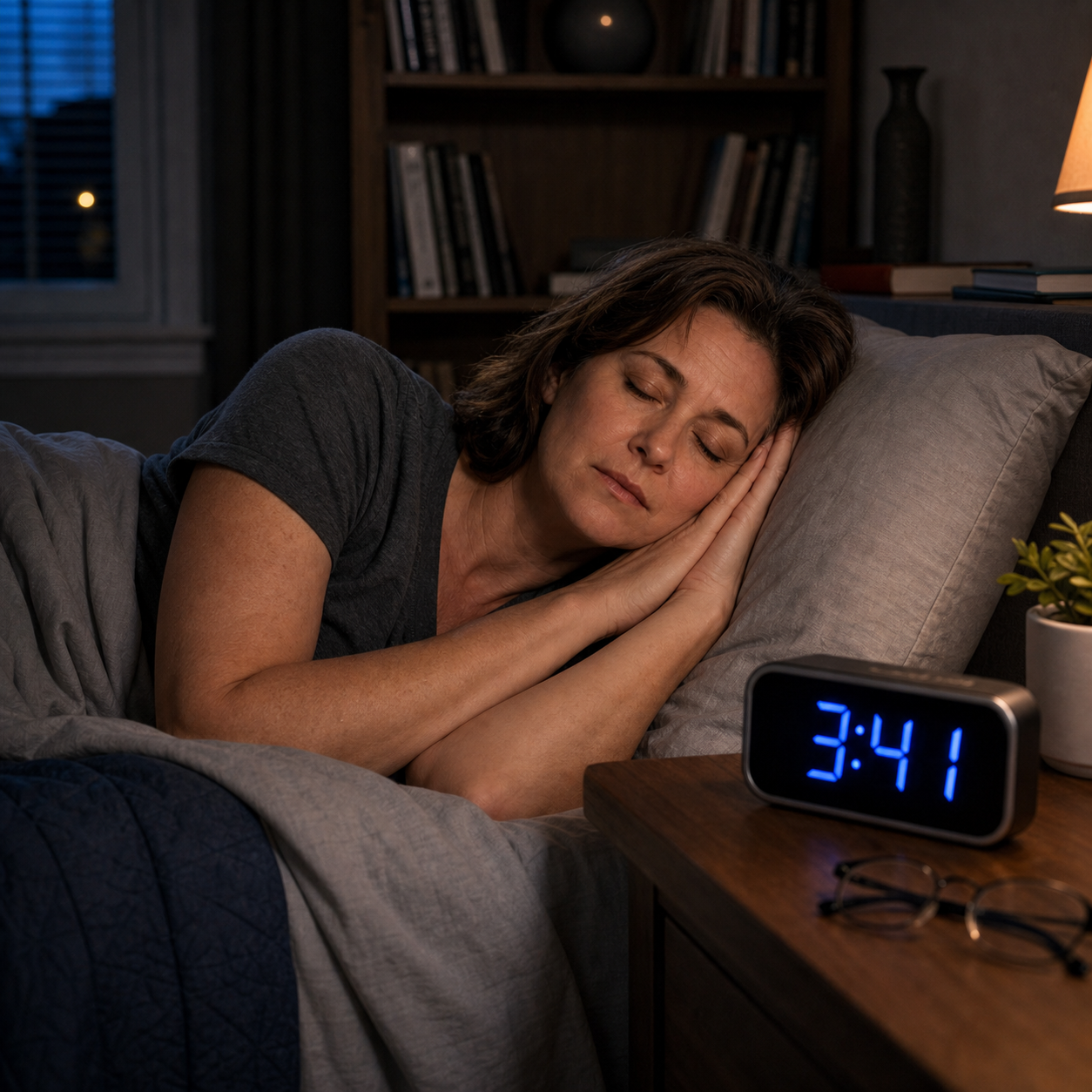 Woman sleeping peacefully beside a digital clock reading 3:41